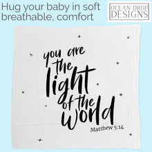 Load image into Gallery viewer, Ocean Drop 100% Cotton Muslin Swaddle Baby Blanket – ‘The Light’ Quote with Gift Box for Baptism, Christening Gift, Godson, Goddaughter, Neutral, Baby Shower – Super Soft, Breathable