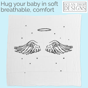 Ocean Drop 100% Cotton Muslin Swaddle Baby Blanket -'Angel' Quote with Gift Box for Baptism, Christening Gift, Godson, Goddaughter, Neutral, Baby Shower- Super Soft, Breathable, Large 47x47 inches