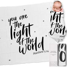 Load image into Gallery viewer, Ocean Drop 100% Cotton Muslin Swaddle Baby Blanket    The Light  Quote with Gift Box for Baptism, Christening Gift, Godson, Goddaughter, Neutral, Baby Shower   Super Soft, Breathable