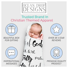 Load image into Gallery viewer, Ocean Drop Designs Muslin Swaddle Blankets - Baby Swaddle Blanket - Baptism Gifts for Boys &amp; Girls - Gender Neutral Baby Gift - Christian Baby Gifts - Newborn Gifts