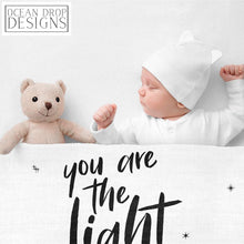 Load image into Gallery viewer, Ocean Drop 100% Cotton Muslin Swaddle Baby Blanket    The Light  Quote with Gift Box for Baptism, Christening Gift, Godson, Goddaughter, Neutral, Baby Shower   Super Soft, Breathable