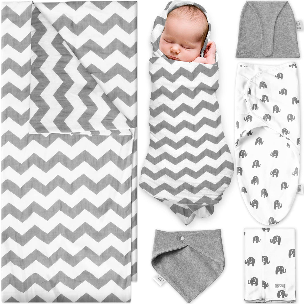 Ocean Drop Designs 5 Pcs Baby Gift Set (0-3 Months) - Gender Neutral Baby Clothes, Baby Items, Newborn Swaddle Set, Receiving Blankets, Baby Swaddle Blanket, Swaddles for Newborns for Boys