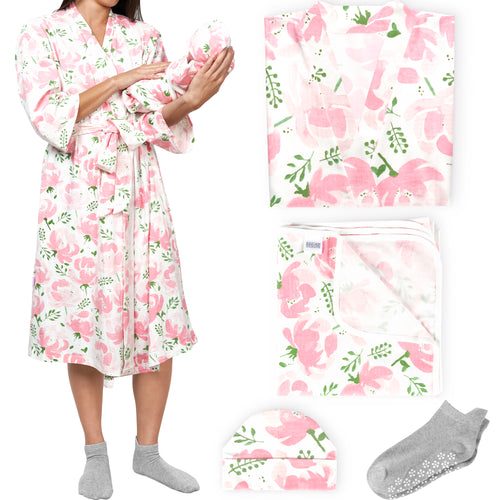 Ocean Drop Designs 100% Cotton Mommy and Me Robe and Swaddle Set - Maternity Robe for Hospital - Delivery Gown for Hospital Maternity 4pc Set (Robe, Socks, Baby Swaddle Blanket, Baby Hat & Gift Box)