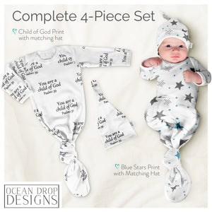Ocean Drop Soft Knotted Baby Gown - Baptism Gifts for Boys and Girls, 100% Cotton, 4pcs Christening Christian Baby Gift Set (Blue Stars)