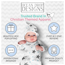 Load image into Gallery viewer, Ocean Drop Soft Knotted Baby Gown - Baptism Gifts for Boys and Girls, 100% Cotton, 4pcs Christening Christian Baby Gift Set (Blue Stars)