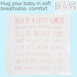Ocean Drop 100% Cotton Muslin Swaddle Baby Blanket - ‘Hold Me Pink’ Quote with Gift Box for Baptism, Christening Gift, Godson, Goddaughter, Neutral, Baby Shower – Super Soft, Breathable, Large 47x47”