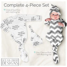 Load image into Gallery viewer, Ocean Drop Soft Knotted Baby Gown - Baptism Gifts for Boys and Girls, 100% Cotton, 4pcs Christening Christian Baby Gift Set (Grey Chevron)
