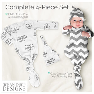 Ocean Drop Soft Knotted Baby Gown - Baptism Gifts for Boys and Girls, 100% Cotton, 4pcs Christening Christian Baby Gift Set (Grey Chevron)