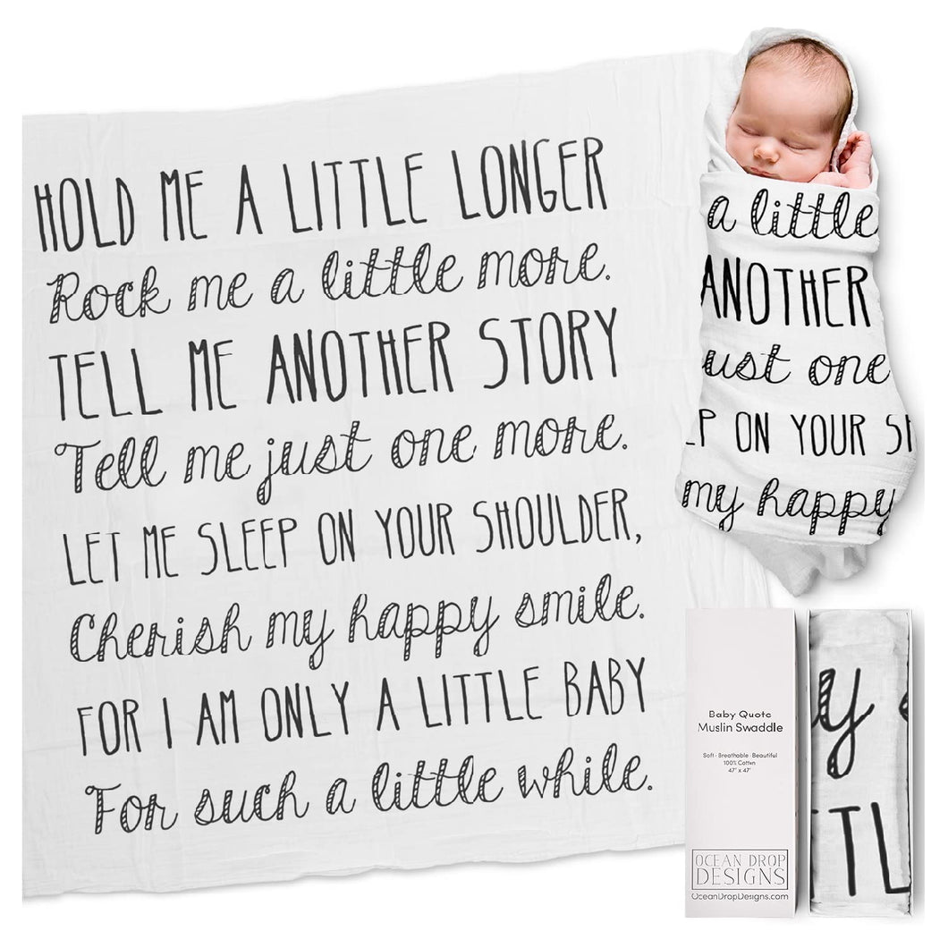 Ocean Drop 100% Cotton Muslin Swaddle Baby Blanket – ‘Hold Me Black’ Quote with Gift Box for Baptism, Christening Gift, Godson, Goddaughter, Neutral, Baby Shower – Super Soft, Breathable, Large 47x47”