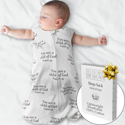 Ocean Drop 100% Cotton Baby Wearable Blanket Baby Sleep Sack - Child of God Quote Baptism Gifts for Girl & Boy w/ Gift Box -Gender Reveal Gift Ideas, Christening Godchild Baby Shower (6 - 12 Months)
