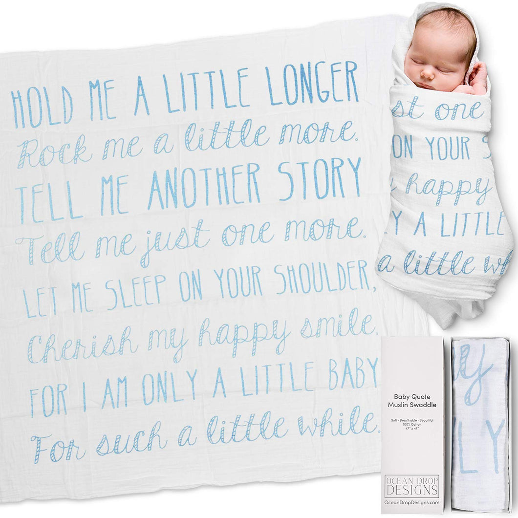 Ocean Drop 100% Cotton Muslin Swaddle Baby Blanket - ‘Hold Me Blue’ Quote with Gift Box for Baptism, Christening Gift, Godson, Goddaughter, Neutral, Baby Shower – Super Soft, Breathable, Large 47x47”