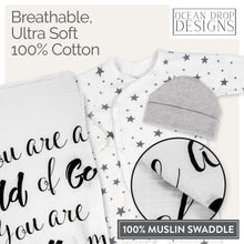 Load image into Gallery viewer, Ocean Drop 100% Cotton Baby Layette Set - Baby Swaddle Blanket Baptism Gifts for Boys or Girls - Gender Neutral Newborn Gift Set - Muslin Swaddle Blanket, Footed Onesie, Hat &amp; Gift Box (3pc Set)