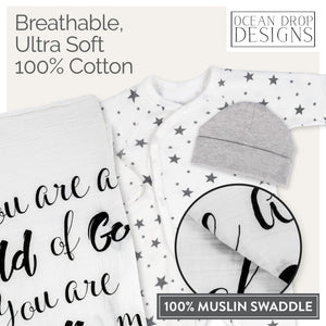 Ocean Drop 100% Cotton Baby Layette Set - Baby Swaddle Blanket Baptism Gifts for Boys or Girls - Gender Neutral Newborn Gift Set - Muslin Swaddle Blanket, Footed Onesie, Hat & Gift Box (3pc Set)