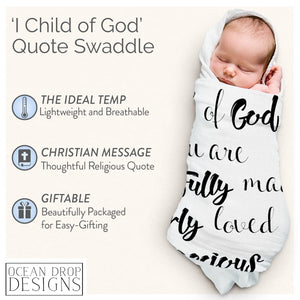 Ocean Drop 100% Cotton Muslin Swaddle Baby Blanket – ‘Child of God’ Quote with Gift Box for Baptism, Christening Gift, Godson, Goddaughter, Baby Shower – Super Soft, Breathable, Large 47 x47”