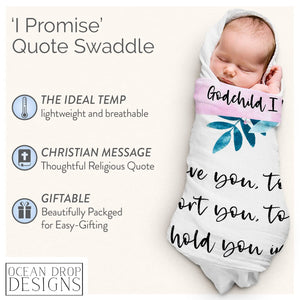 Ocean Drop 100% Cotton Muslin Swaddle Baby Blanket – ‘I Promise’ Quote with Gift Box for Baptism, Christening Gift, Godson, Goddaughter, Neutral, Baby Shower – Super Soft, Breathable Large 47x47”