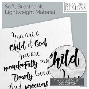 Ocean Drop 100% Cotton Muslin Swaddle Baby Blanket – ‘Child of God’ Quote with Gift Box for Baptism, Christening Gift, Godson, Goddaughter, Baby Shower – Super Soft, Breathable, Large 47 x47”