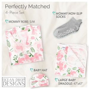 Ocean Drop 100% Cotton Mommy and Me Robe and Swaddle Set - Maternity Robe for Hospital - Delivery Gown for Hospital Maternity 4pc Set (Robe, Socks, Baby Swaddle Blanket, Baby Hat & Gift Box)
