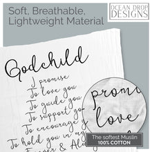 Load image into Gallery viewer, Ocean Drop 100% Cotton Muslin Swaddle Baby Blanket – ‘Godchild’ Quote with Gift Box for Baptism, Christening Gift, Godson, Goddaughter, Neutral, Baby Shower – Super Soft, Breathable, Large 47x47”